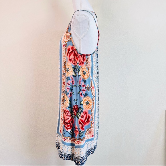 Cream & Bright Floral Mixed Print Linen Strappy Boho Shift Mini Dress - Picture 5 of 11